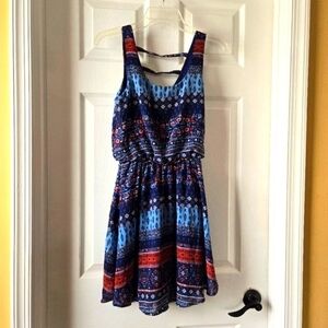 Xhilaration Blue Multi-Color Floral Sleeveless Geo Design Dress Jr Size XS